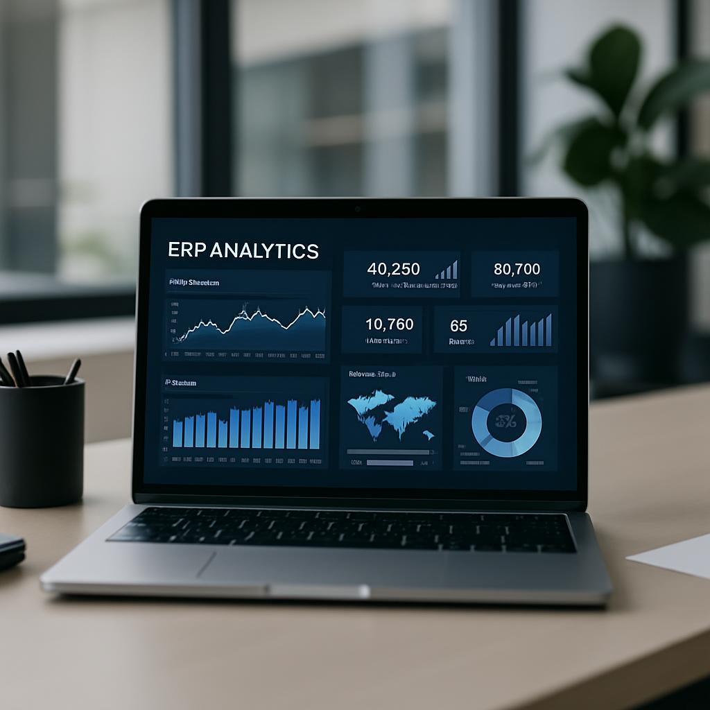 Here is the alt text for this image: Image of a laptop displaying ERP analytics dashboard.