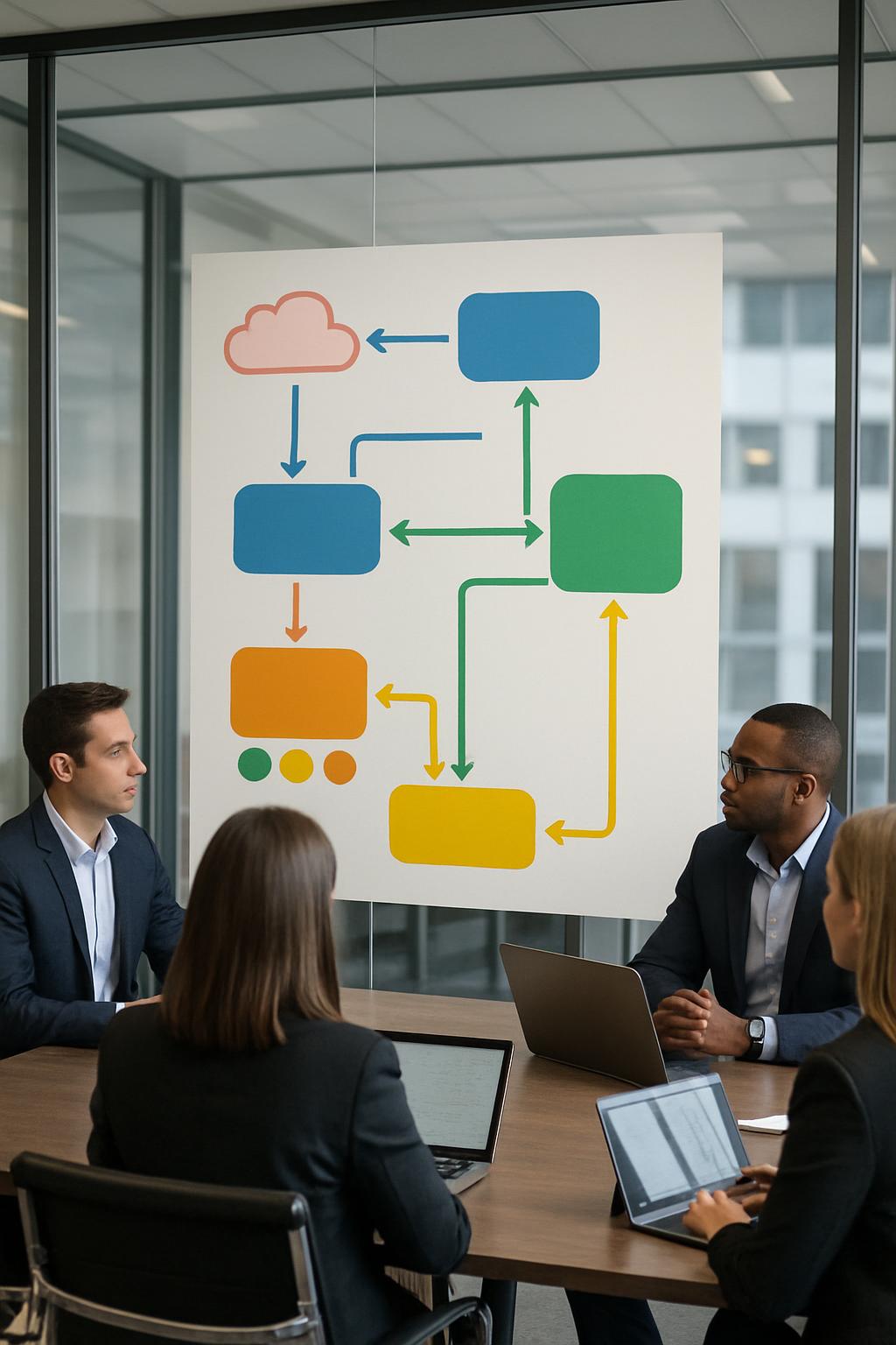 A group of people in business attire sitting around a table, in front of a large whiteboard displaying various cloud, flow...