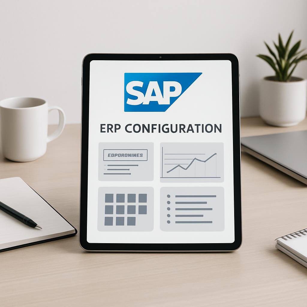 A tablet, pen, and notebook sit on a desk with the title 'SAP ERP Configuration' displayed on the screen.
